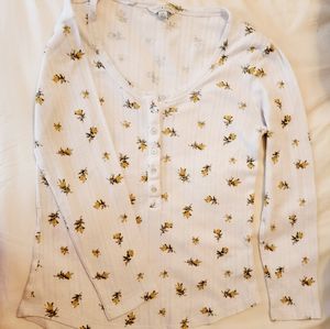 Lucky Brand Floral Print Button Front Pointelle Long Sleeve Henley Top.